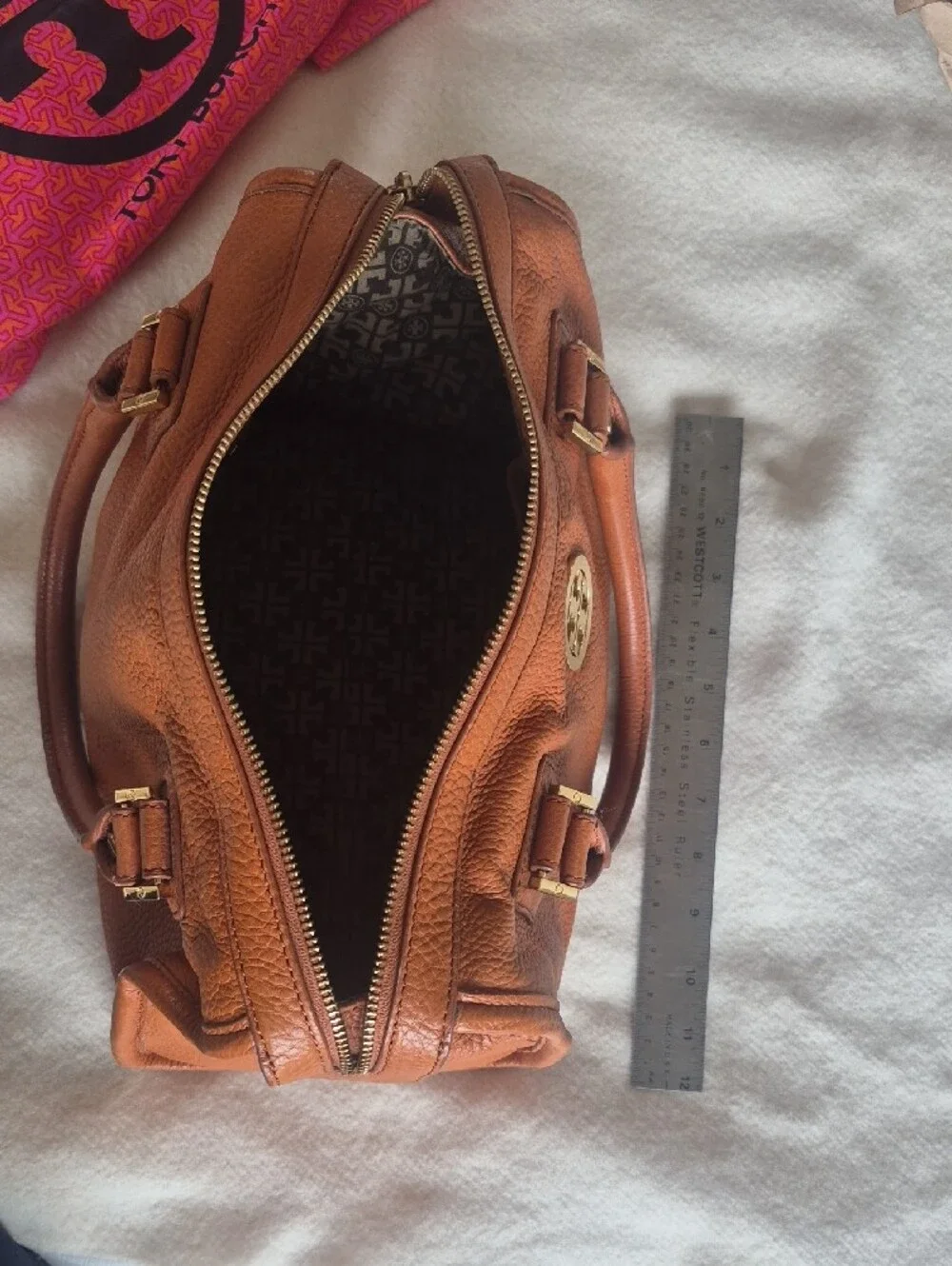 Tory Burch Leather Satchel in Cognac Tan with Gold Hardware